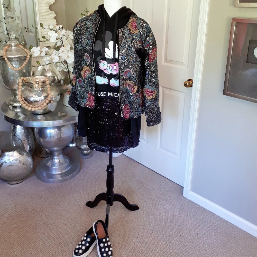 NWOT Joe Fresh black sequin mesh mini skirt, XXL
